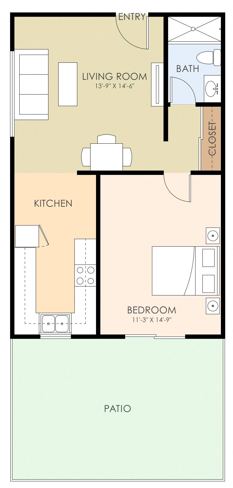 Floor plan for 1 bed, 1 bath, 568 sqft